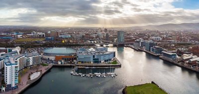 Aerial view of Titanic Quarter Belfast from Belfast Lough