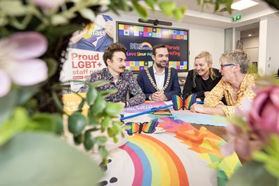 Lord Mayor of Belfast, Councillor Micky Murray, with members of Belfast City Council's Proud staff network as they get ready for this year's Belfast Pride parade.