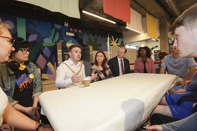 Belfast Lord Mayor Councillor Ryan Murphy and Minister for Communities Gordon Lyons chat to young people attending the JobStart Meet the Employer event today at 2 Royal Avenue.