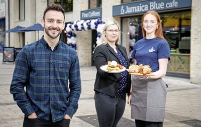 Jamaica Blue's second Belfast store at Corn Market. Pictured (L-R) Josh Nixon, Jamaica Blue, Maria Dimova, manager, Jamaica Blue Corn Market and Sophie senior, barista